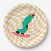 Freeride Snowboarder in grünem Anzug Checkered Pappteller (Vorderseite)