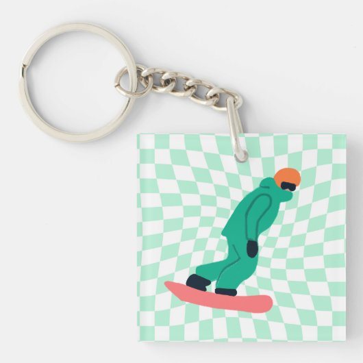 Freeride Snowboarder in grünem Anzug Checkered Schlüsselanhänger (Vorderseite)