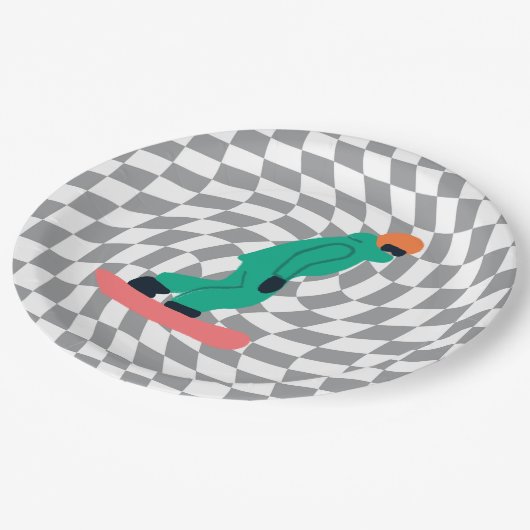 Freeride Snowboarder in grünem Anzug Schachgrau Pappteller (Schrägansicht)