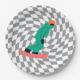 Freeride Snowboarder in grünem Anzug Schachgrau Pappteller