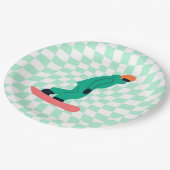 Freeride Snowboarder in grünem Anzug Schachtelminz Pappteller (Schrägansicht)