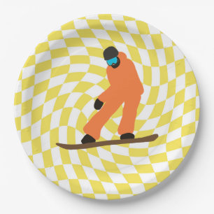 Freeride Snowboarder in Orange Anzug Checkered Pappteller