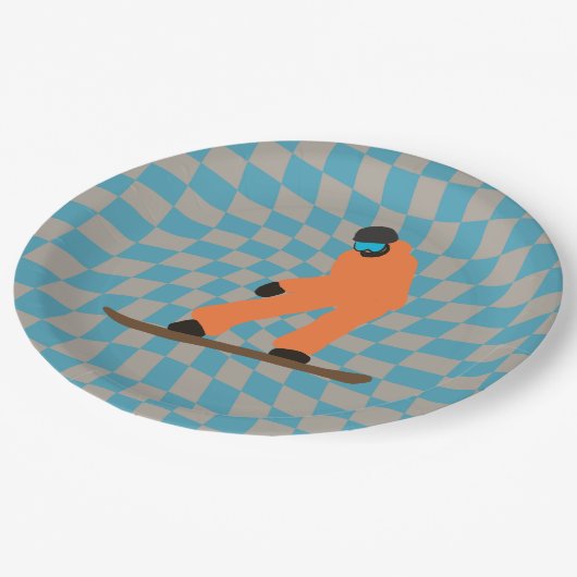 Freeride Snowboarder in Orange Anzug Checkered Pappteller (Schrägansicht)