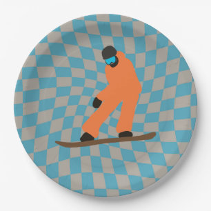 Freeride Snowboarder in Orange Anzug Checkered Pappteller