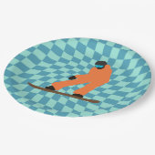 Freeride Snowboarder in Orange Anzug Checkered Pappteller (Schrägansicht)