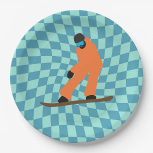 Freeride Snowboarder in Orange Anzug Checkered Pappteller
