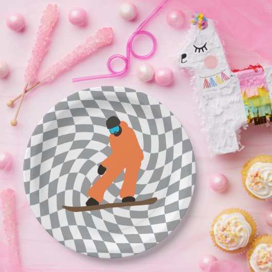 Freeride Snowboarder in Orange Anzug Checkered Pappteller (Party)