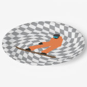 Freeride Snowboarder in Orange Anzug Checkered Pappteller (Schrägansicht)