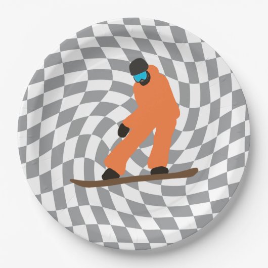 Freeride Snowboarder in Orange Anzug Checkered Pappteller (Vorderseite)