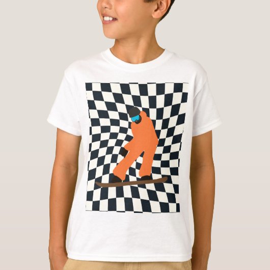 Freeride Snowboarder in Orange Anzug Checkered T-Shirt (Vorderseite)