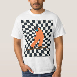 Freeride Snowboarder in Orange Anzug Checkered T-Shirt