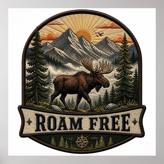 Frei Streifender Elch Besticktes Patch Design Poster (Vorne)