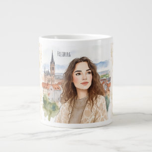 Freiburg, Deutschland, Frau mit Freiburger Stadtsi Jumbo-Tasse