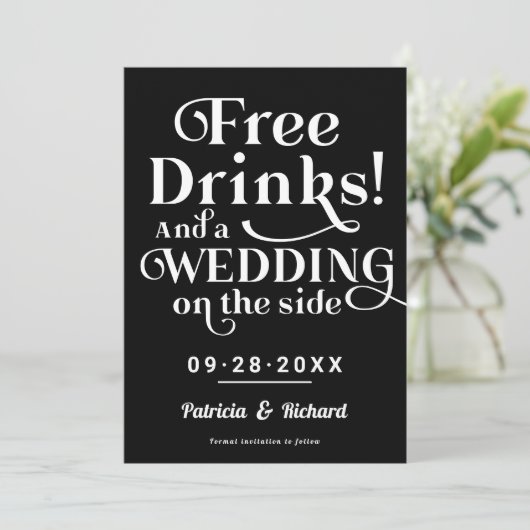 Freie Getränke Funny Lässig Wedding retten das Dat Einladung (Stehend Vorderseite)