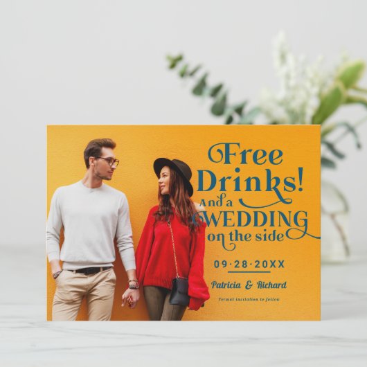 Freie Getränke Funny Lässig Wedding retten das Dat Einladung (Stehend Vorderseite)