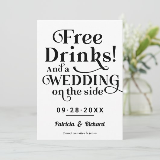 Freie Getränke Funny Lässig Wedding retten das Dat Einladung (Stehend Vorderseite)