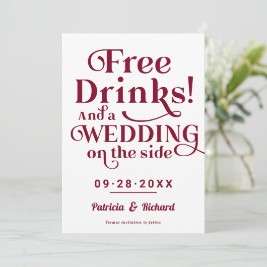 Freie Getränke Funny Lässig Wedding retten das Dat Einladung (Stehend Vorderseite)