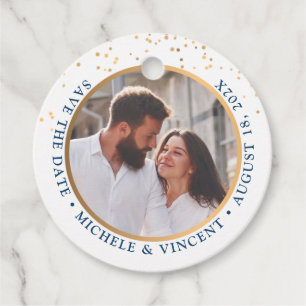 Freie Getränke Lässig Save the Date Blue Gold Foto Geschenkanhänger