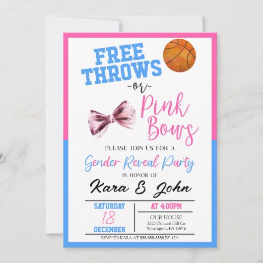 Freie Pfeile oder rosa Bögen Basketball Gender-Anz Einladung (Vorderseite)