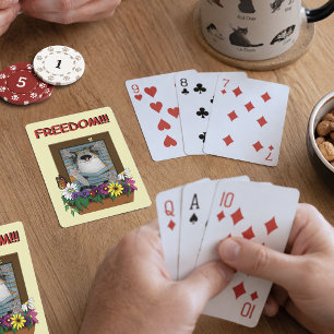 Freiheit Flucht Lustige Katze Gelbe Blumen Fenster Spielkarten