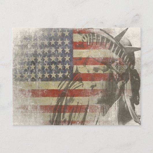 Freiheitsstatue auf Vintager amerikanischer Flagge Postkarte (Vorderseite)