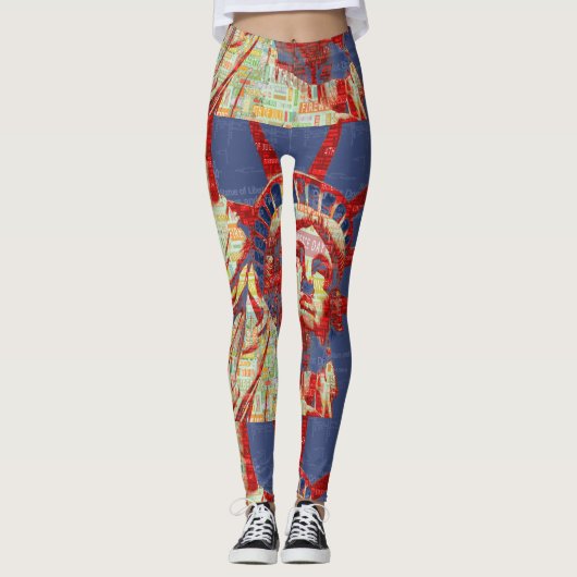 Freiheitsstatue mit 4. Juli Word Cloud Leggings (Vorderseite)