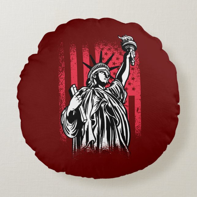 Freiheitsstatue mit US-Flagge Rundes Kissen (Vorderseite)