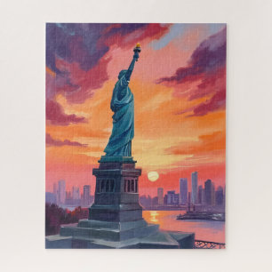 Freiheitsstatue NYC-Silhouette Sonnenuntergang Aqu Puzzle