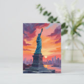 Freiheitsstatue NYC Skyline Sunset Watercolor Postkarte (Stehend Vorderseite)