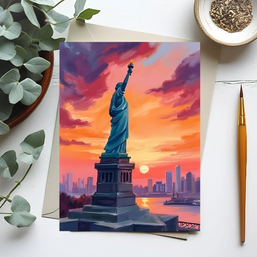 Freiheitsstatue NYC Skyline Sunset Watercolor Postkarte