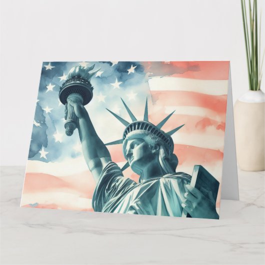 Freiheitsstatue unter amerikanischer Flagge Dankeskarte (Vorderseite)