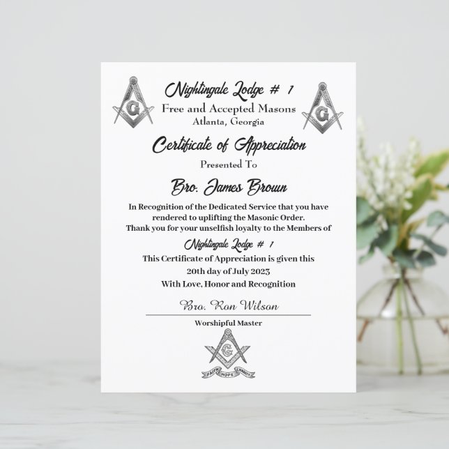 Freimaurerbescheinigung (Stehend Vorderseite)