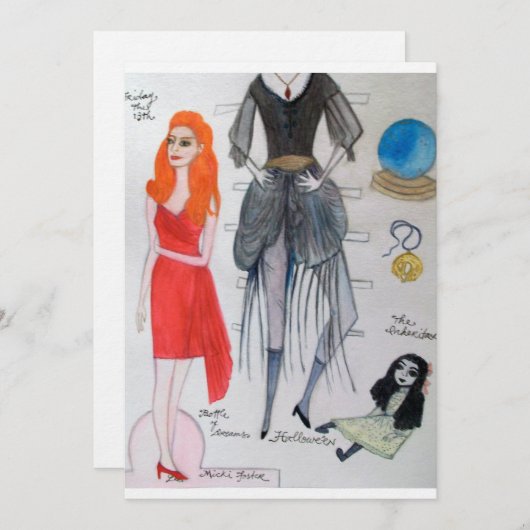 Freitag die 13. Papierpuppe Einladung (Vorne/Hinten)