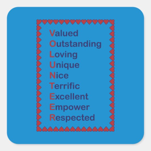 Freiwillige Typografie Red Hearts Blue Background Quadratischer Aufkleber (Vorderseite)