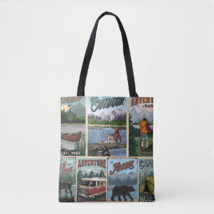 Freizeit Vintage Plakate Set mit Kanu Tasche