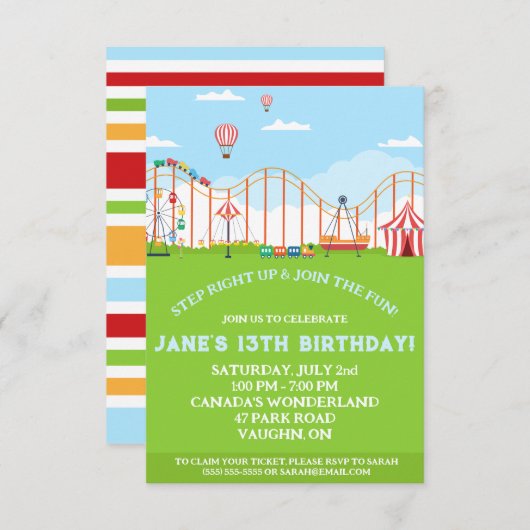 Freizeitpark Geburtstagsparty Einladung (Vorne/Hinten)