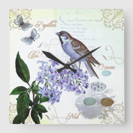 French Bird Floral Collage Vintage Look Quadratische Wanduhr