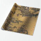 French Black Lace Royal Floral Hearts Damask Gold Geschenkpapier (Ungerollt)