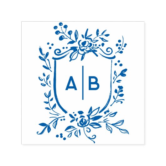 French Blue Botanical Crest Wedding Monogram Permastempel (Design)