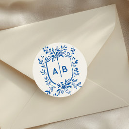 French Blue Botanical Crest Wedding Monogram Runder Aufkleber
