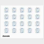 French Blue Botanical Crest Wedding Monogram Runder Aufkleber (Blatt)