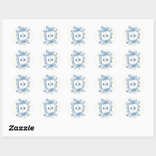 French Blue Botanical Crest Wedding Monogram Runder Aufkleber (Blatt)