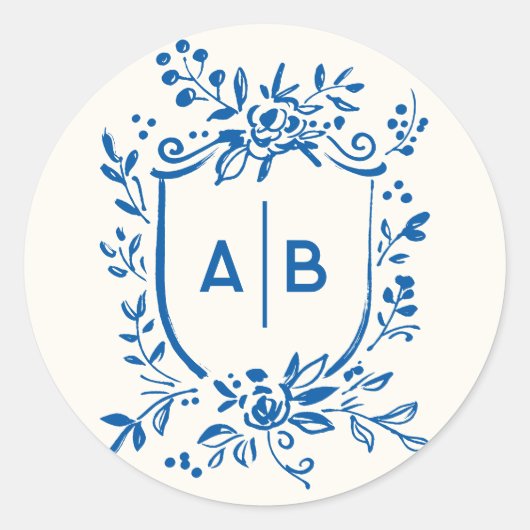 French Blue Botanical Crest Wedding Monogram Runder Aufkleber (Vorderseite)
