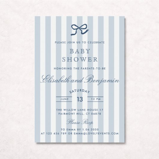 French Blue Bow & Stripes Baby Dusche Einladung
