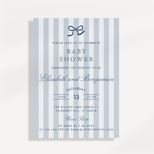 French Blue Bow & Stripes Baby Dusche Einladung