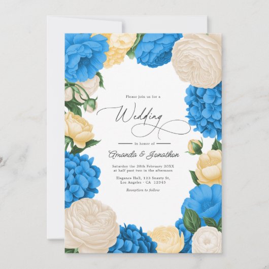 French Blue/Buttercream & Soft Gold Floral Wedding Einladung (Vorderseite)