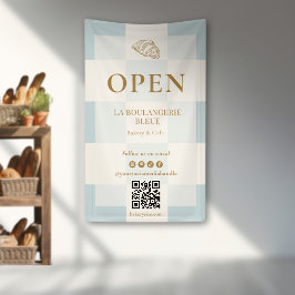 French Blue Checkered Croissant QR Bakery Display Banner