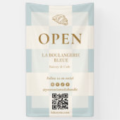 French Blue Checkered Croissant QR Bakery Display Banner (Vertikal)