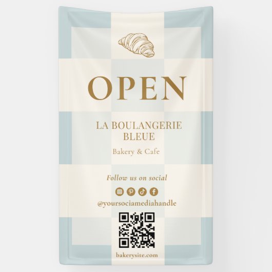 French Blue Checkered Croissant QR Bakery Display Banner (Vertikal)