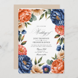 French Blue, Coral, and Sand Beige Floral Wedding Einladung